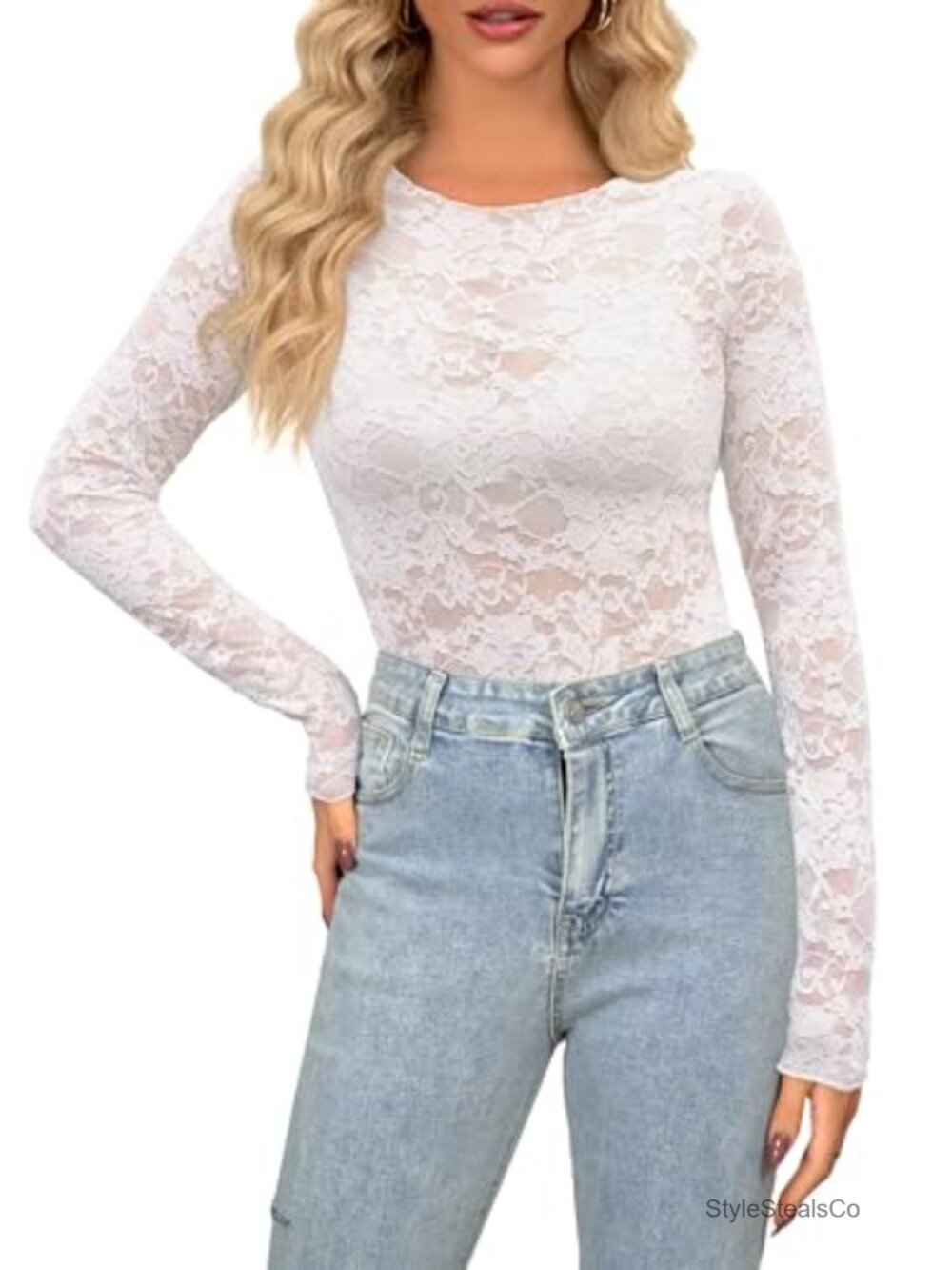 Womens Lace Floral Mesh Long Sleeve Round Neck See Through Blouse Top